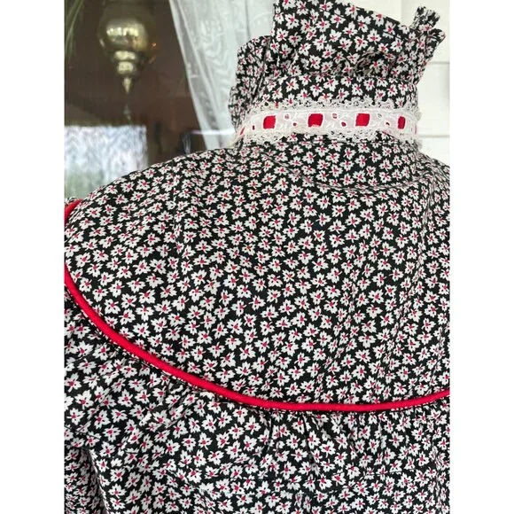 Vintage 1970s Floral Cotton Ruffle Western Shirt Black Red Size Small - Picture 10 of 11